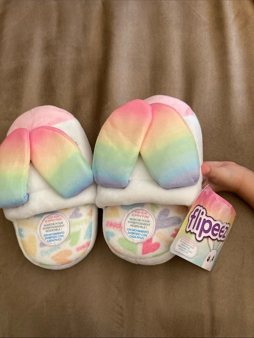 NWT! Flipeez Bunny Rainbow Plush Flip Slippers - Pastel Multicolor